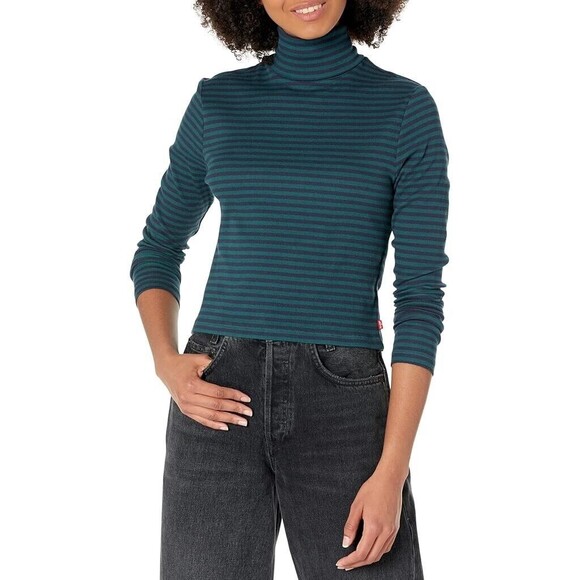 NWT Levis Women’s Plus Size 1X Green Blue Striped Turtleneck Cropped Body Fit - Picture 4 of 11